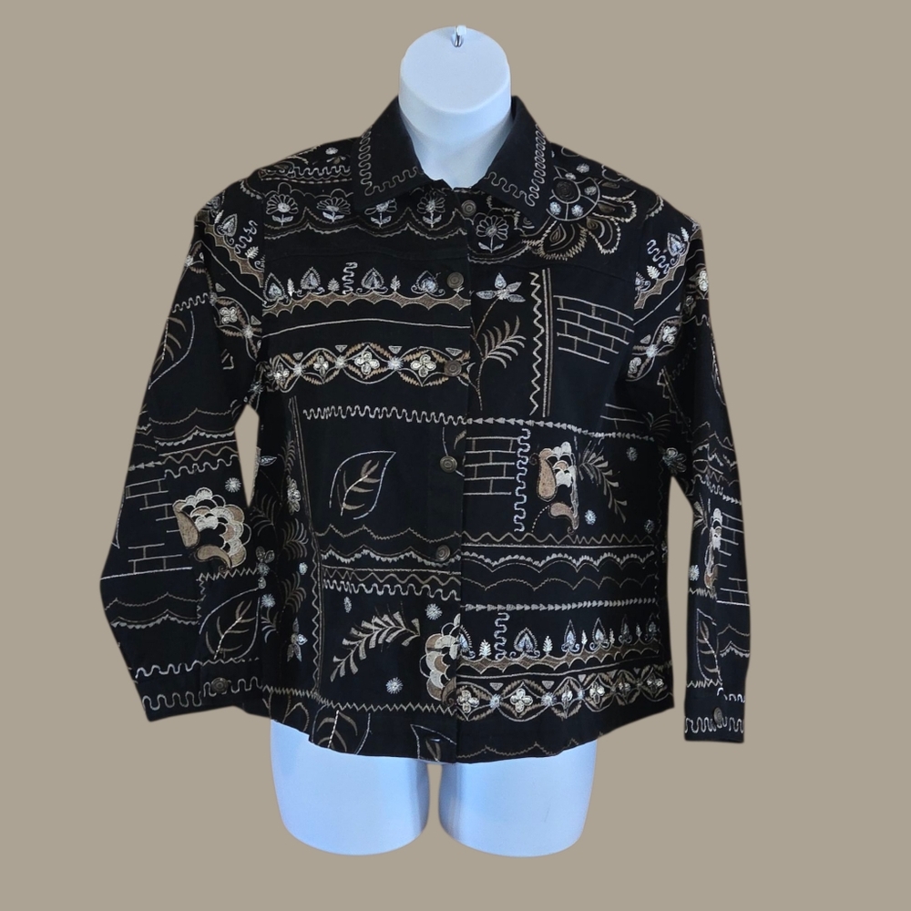 Laura Ashley Jacket Womens 1X Black Cotton Canvas Chore Geometric Embroidery Y2K